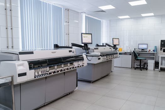 Spacious modern laboratory featuring advanced printing equipment and workstations.